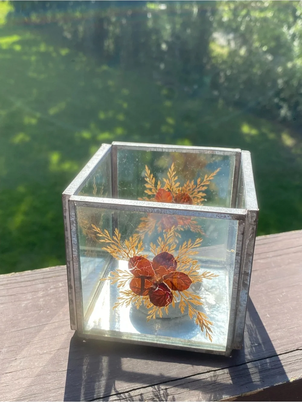 Glass Floral Accent Cube - Clear with Gold & Red Leaf Motif